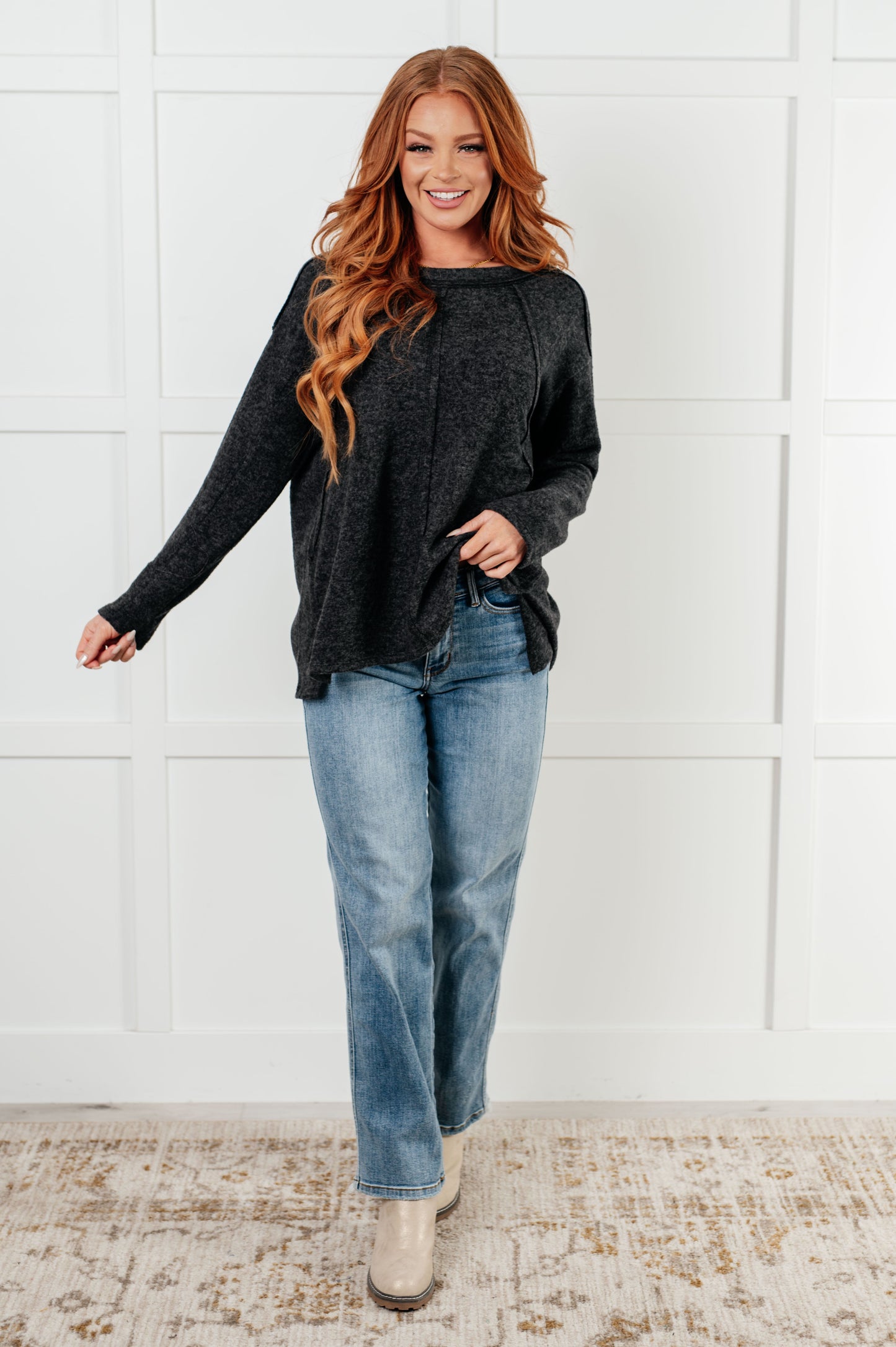 Zenana Simple Silhouette Brushed Hacci Sweater in Black