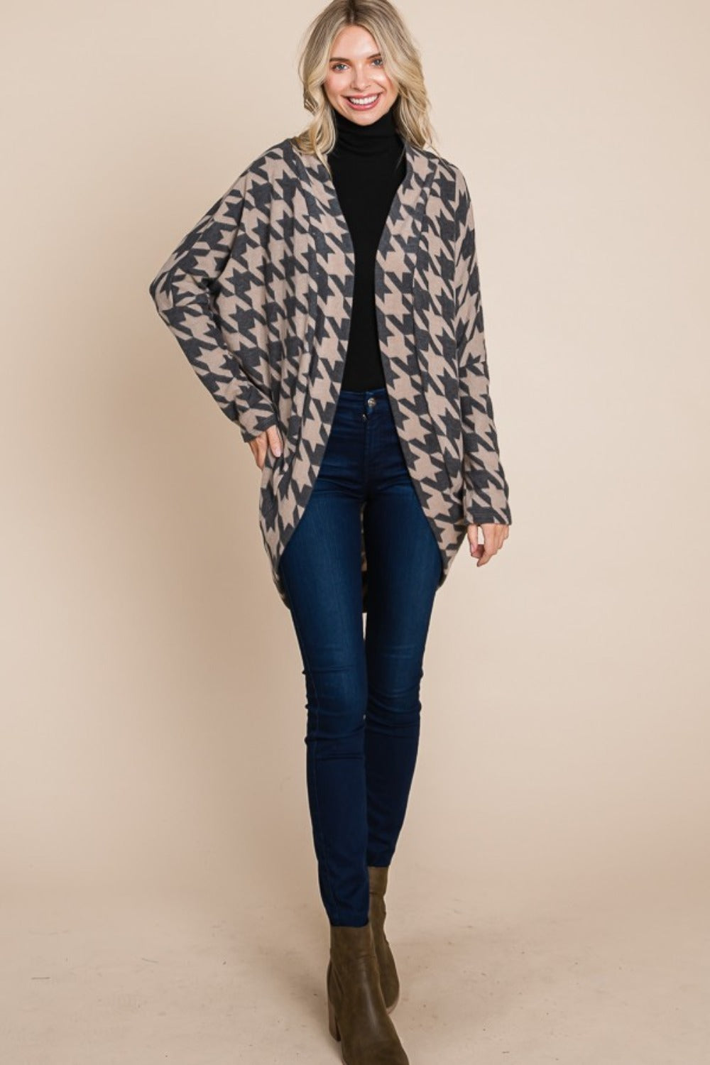 BOMBOM Houndstooth Open Front Cocoon Knit Cardigan 🇺🇸