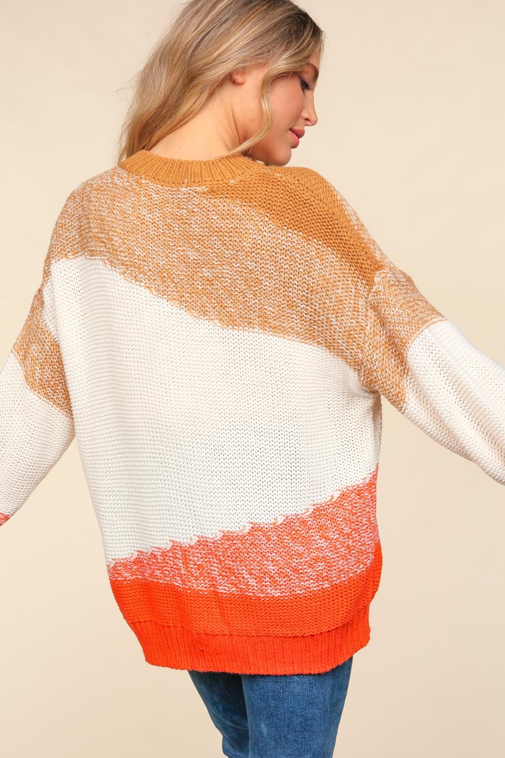 Haptics Pumkin Spice Color Block Long Sleeve Sweater