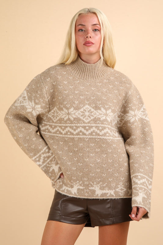 VERY J Christmas Elements Mock Neck Long Sleeve Sweater