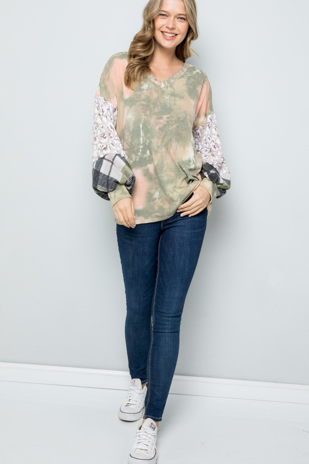 Celeste Tie-Dye V-Neck Printed Sleeve Blouse 🇺🇸