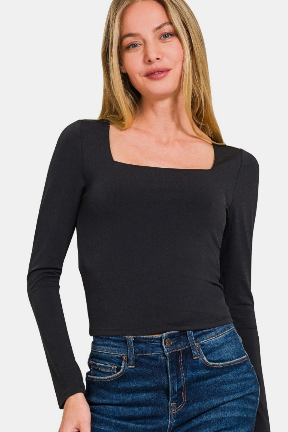 Zenana Square Neck Fitted Long Sleeve Top