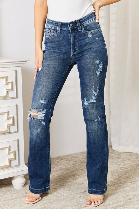 Judy Blue Full Size Mid Rise Hand Sand & Destroy Bootcut Denim Jeans