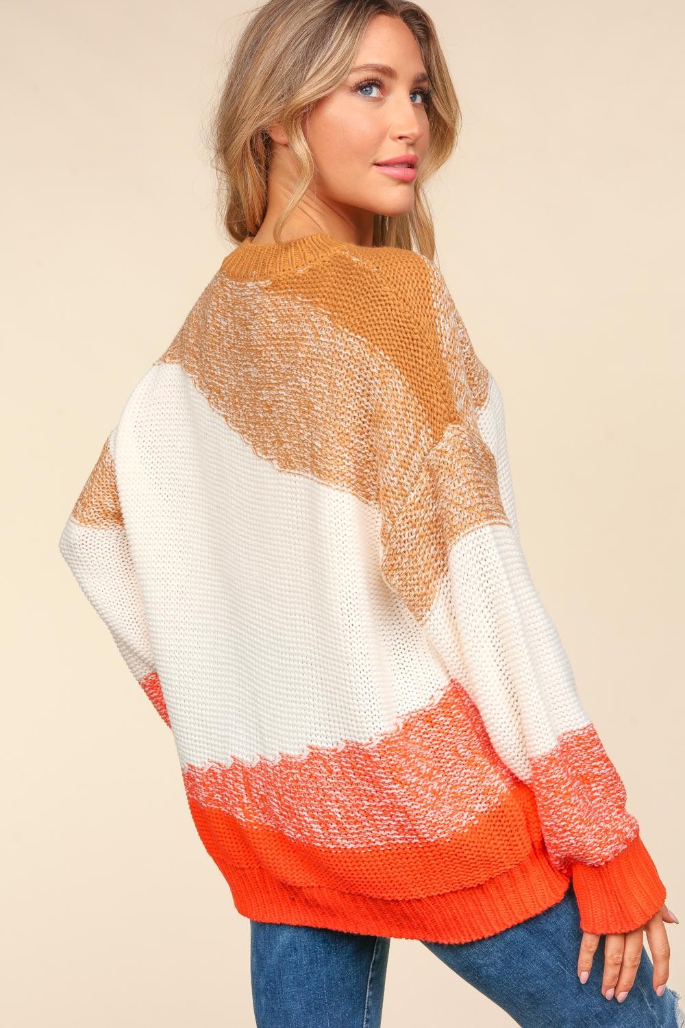 Haptics Pumkin Spice Color Block Long Sleeve Sweater