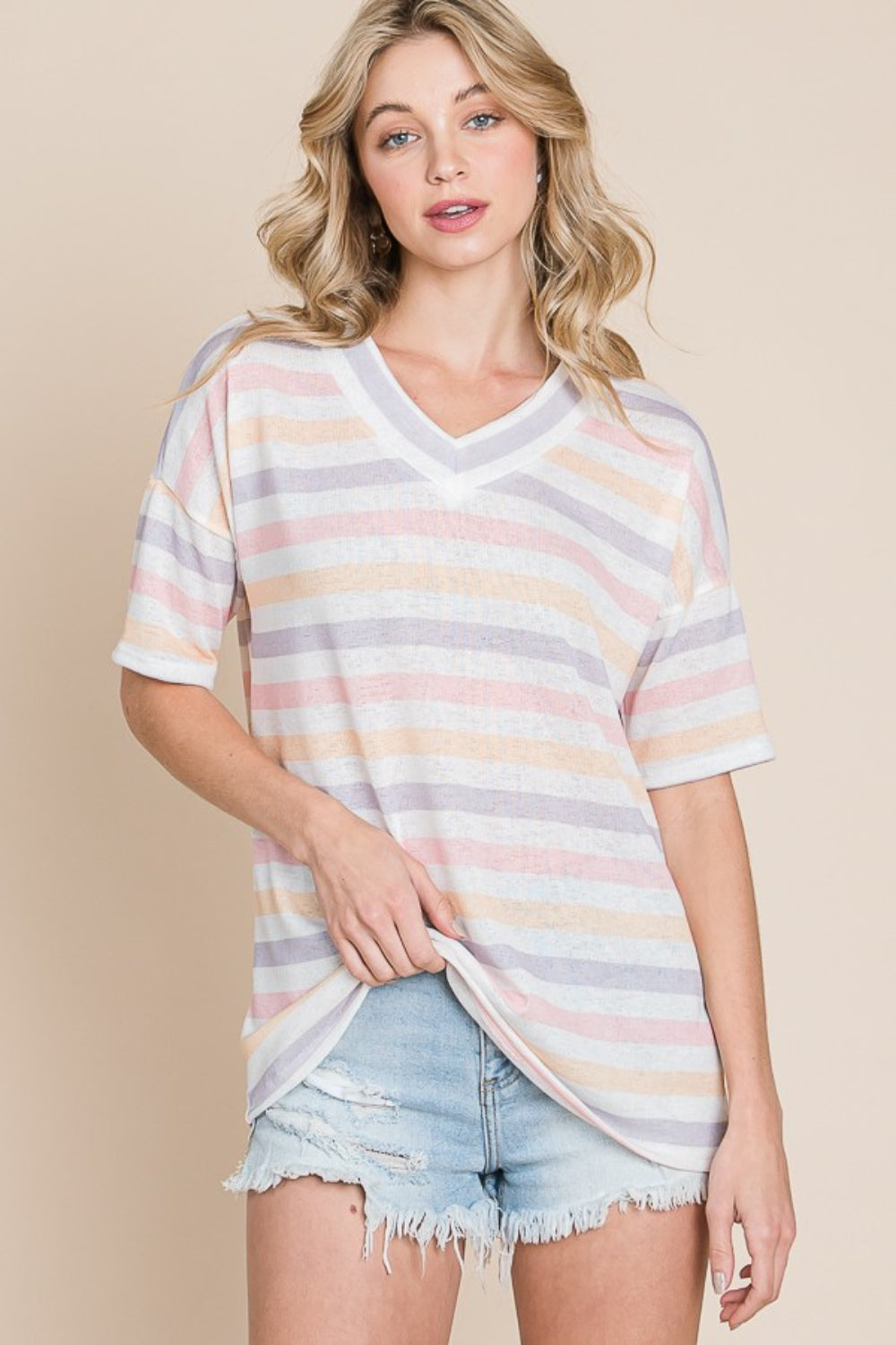 BOMBOM Striped V-Neck Short Sleeve T-Shirt 🇺🇸