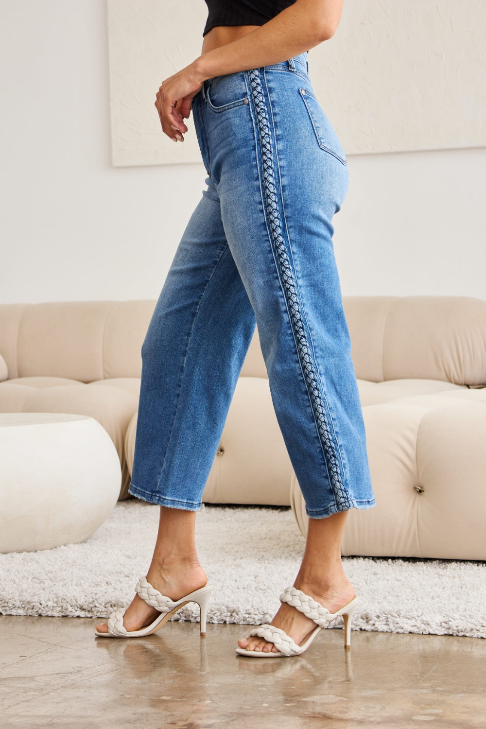 Judy Blue Braid Side Detail Wide Leg Jeans