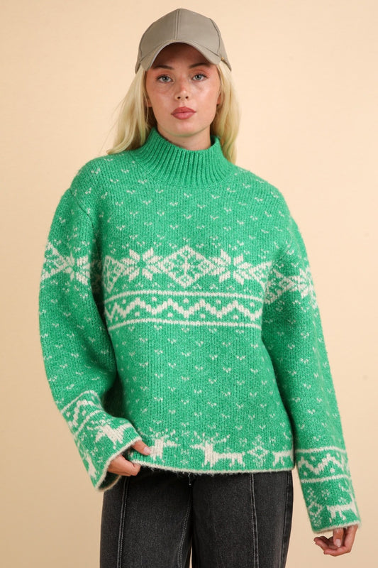 VERY J Christmas Elements Mock Neck Long Sleeve Sweater