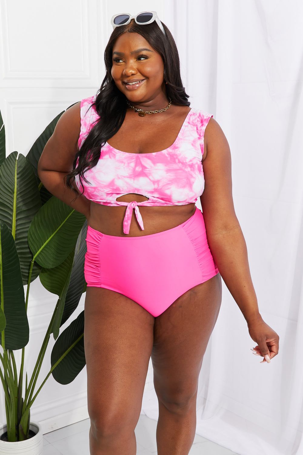 Marina West Swim - Sanibel Crop Swim Top and Ruched Bottoms Set in Pink