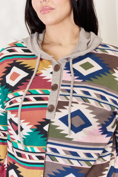 Celeste Full Size Geometric Exposed Seam Drawstring Hoodie 🇺🇸