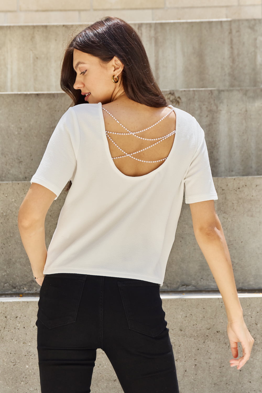 AndTheWhy Pearly White Full Size Criss Cross Pearl Detail Open Back T-Shirt