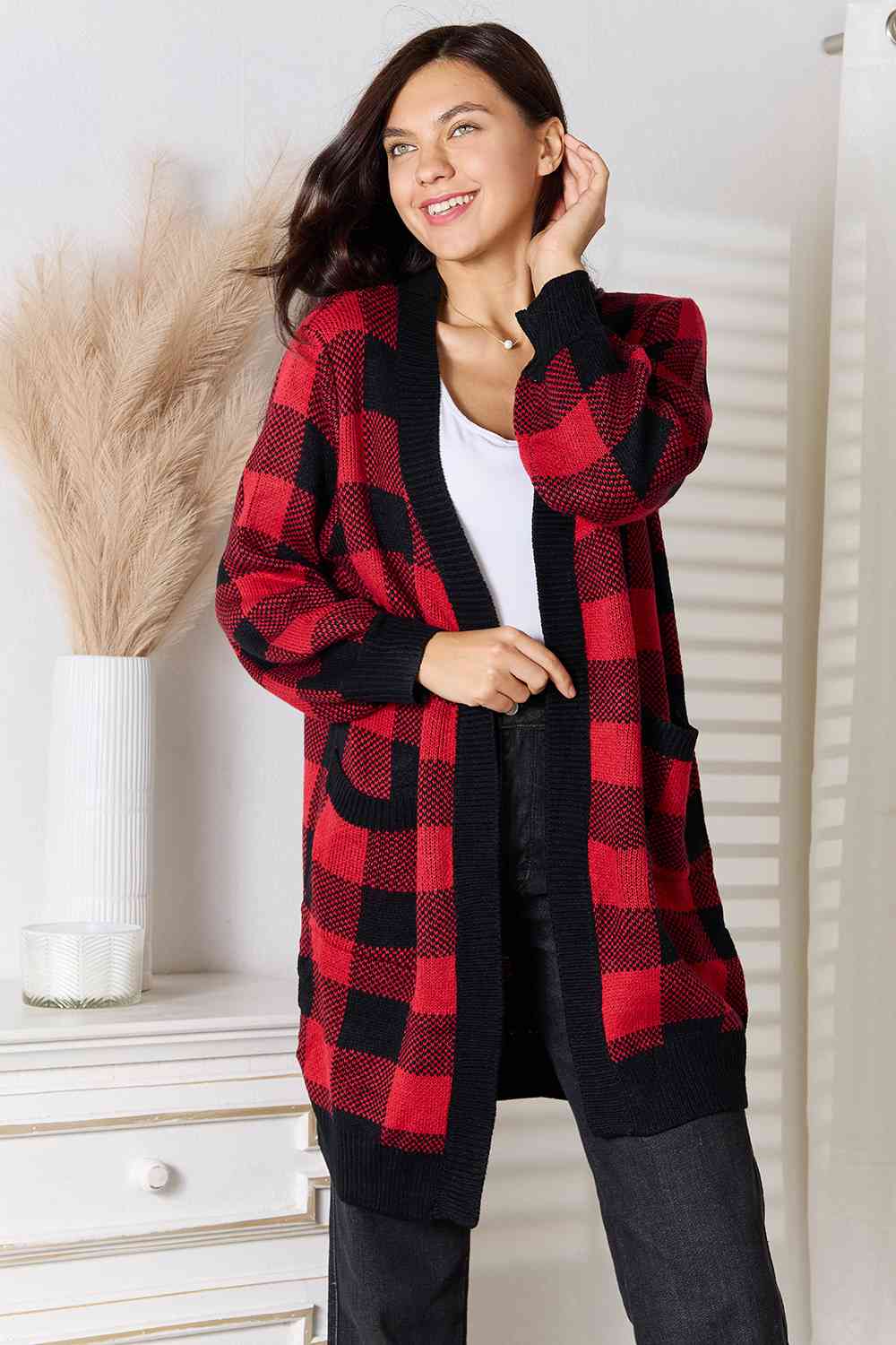 Heimish Full Size Buffalo Check Plaid Open Front Cardigan with Pockets