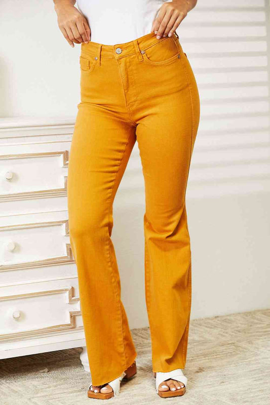 Judy Blue Full Size High Waist Tummy Control HOT MUSTARD Garment Dyed Flare Jeans