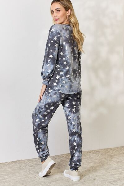 BiBi Star Pattern Long Sleeve Top & Drawstring Loungewear Pants Set