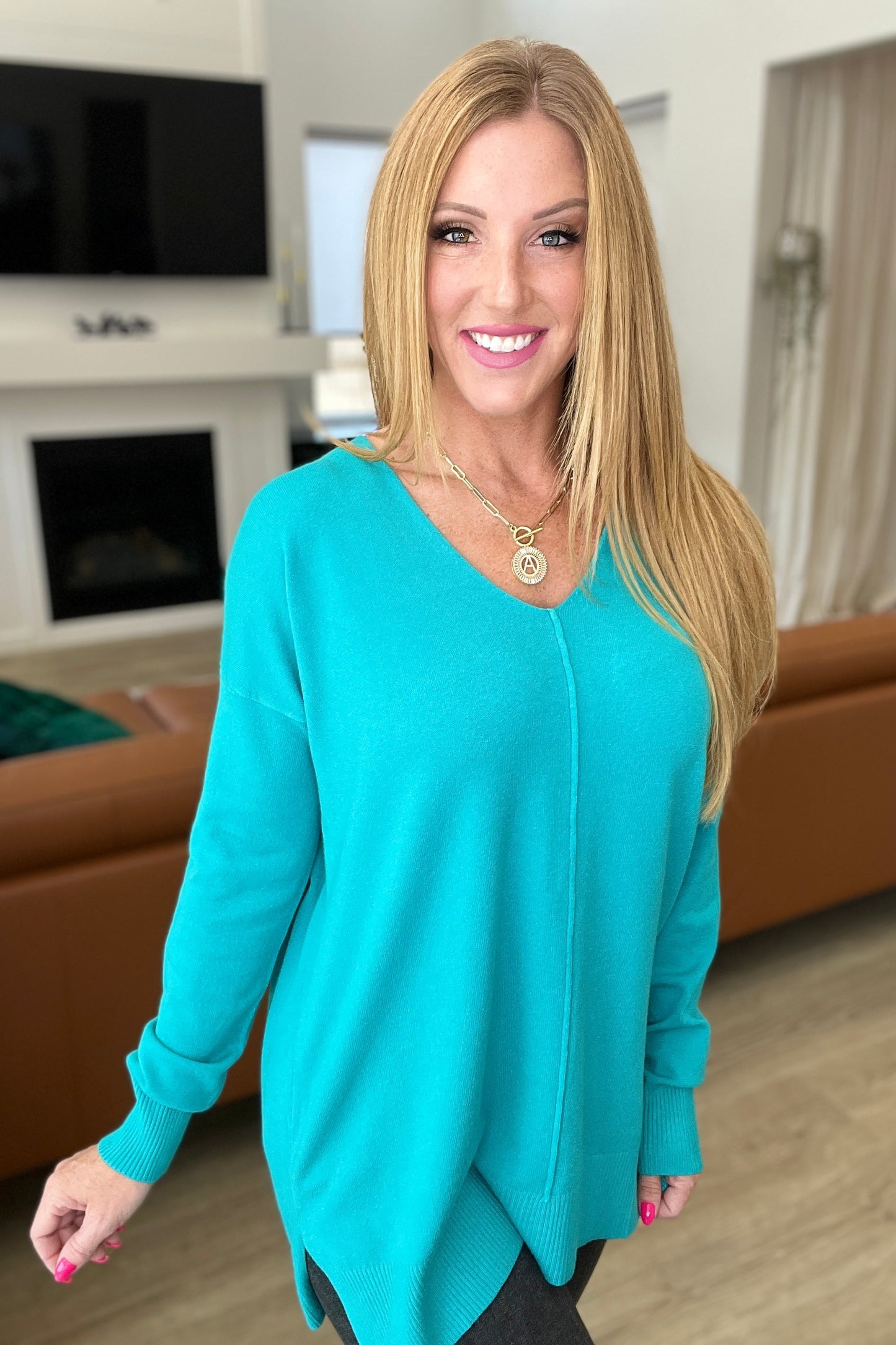 Zenana V-Neck Front Seam Sweater in Turquoise