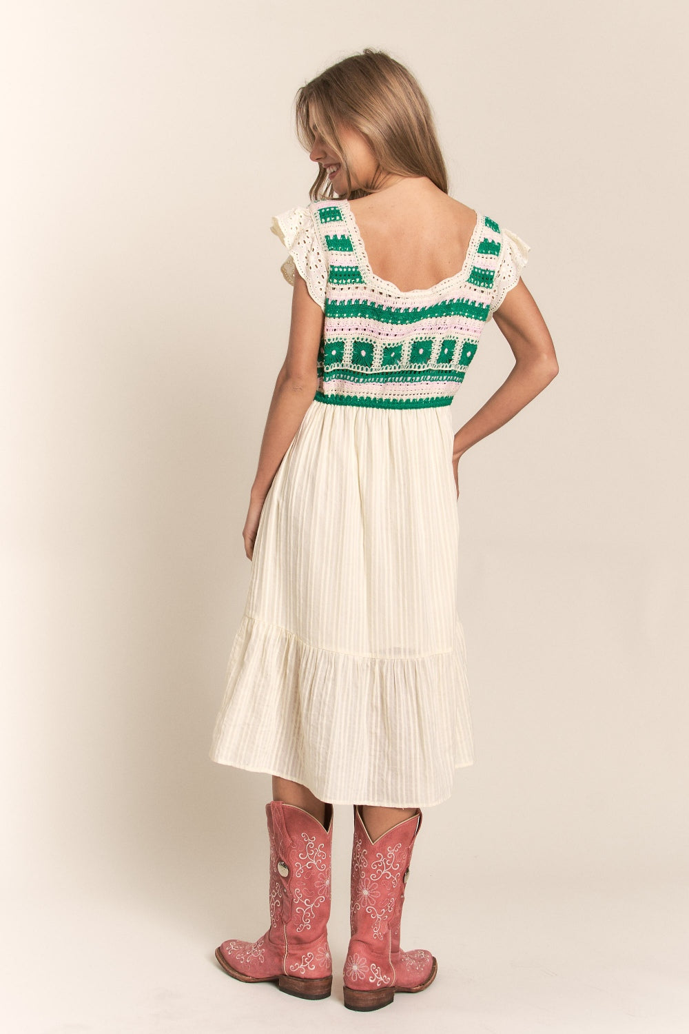 J.NNA Ruffle Hem Midi Crochet Dress
