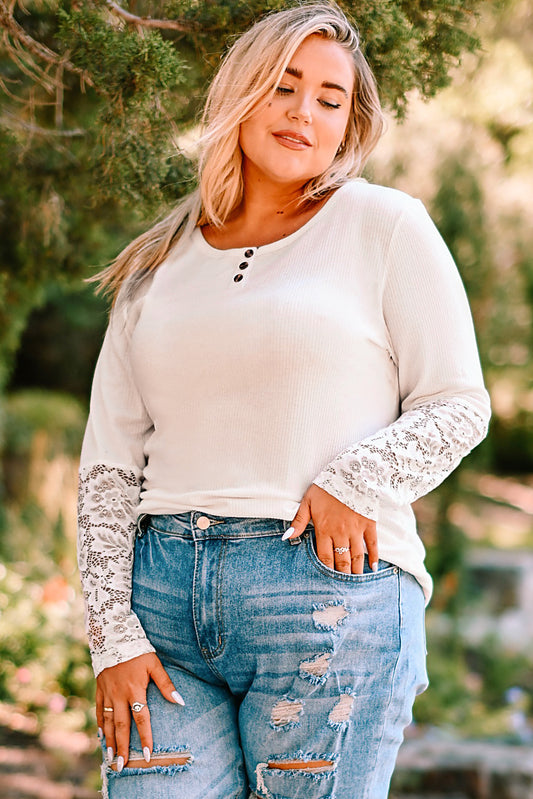 XP Plus Size Spliced Lace Ribbed Henley Top
