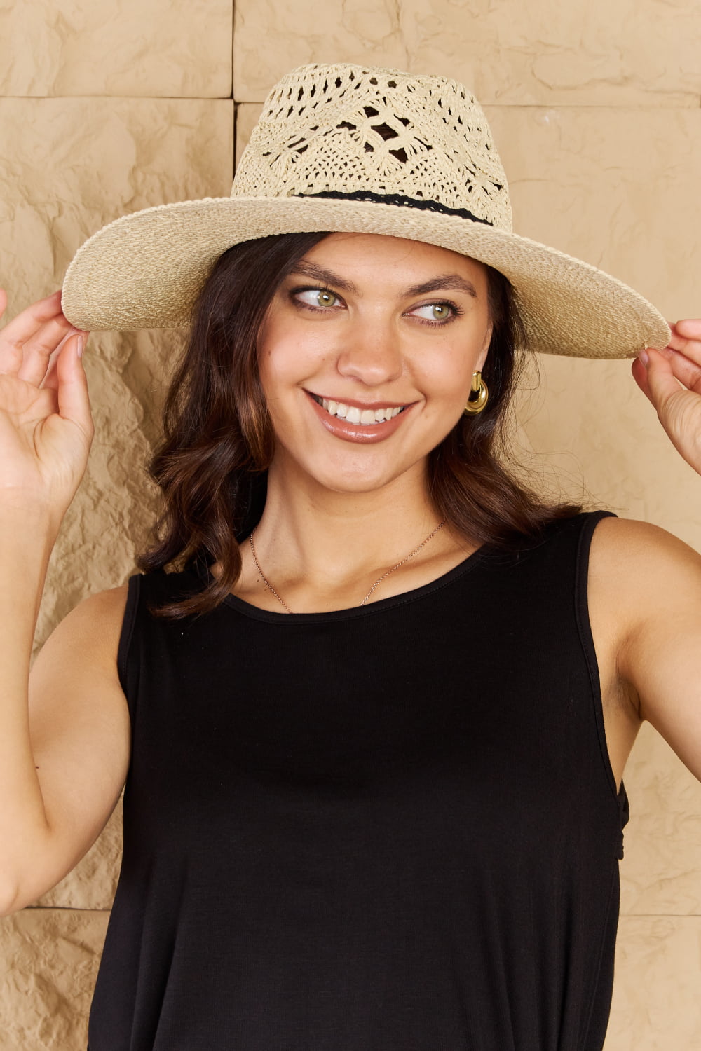 Fame Fight Through It Braided Straw Lace Detail  Sun Hat