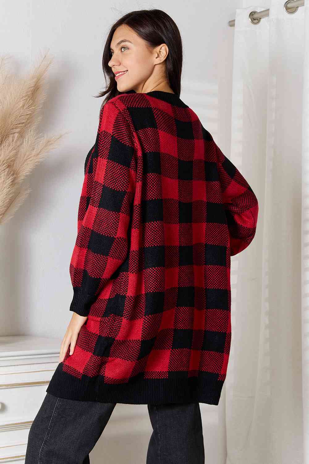 Heimish Full Size Buffalo Check Plaid Open Front Cardigan with Pockets
