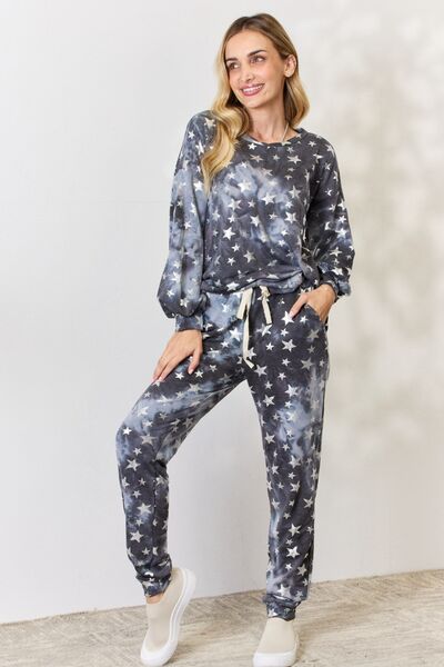 BiBi Star Pattern Long Sleeve Top & Drawstring Loungewear Pants Set