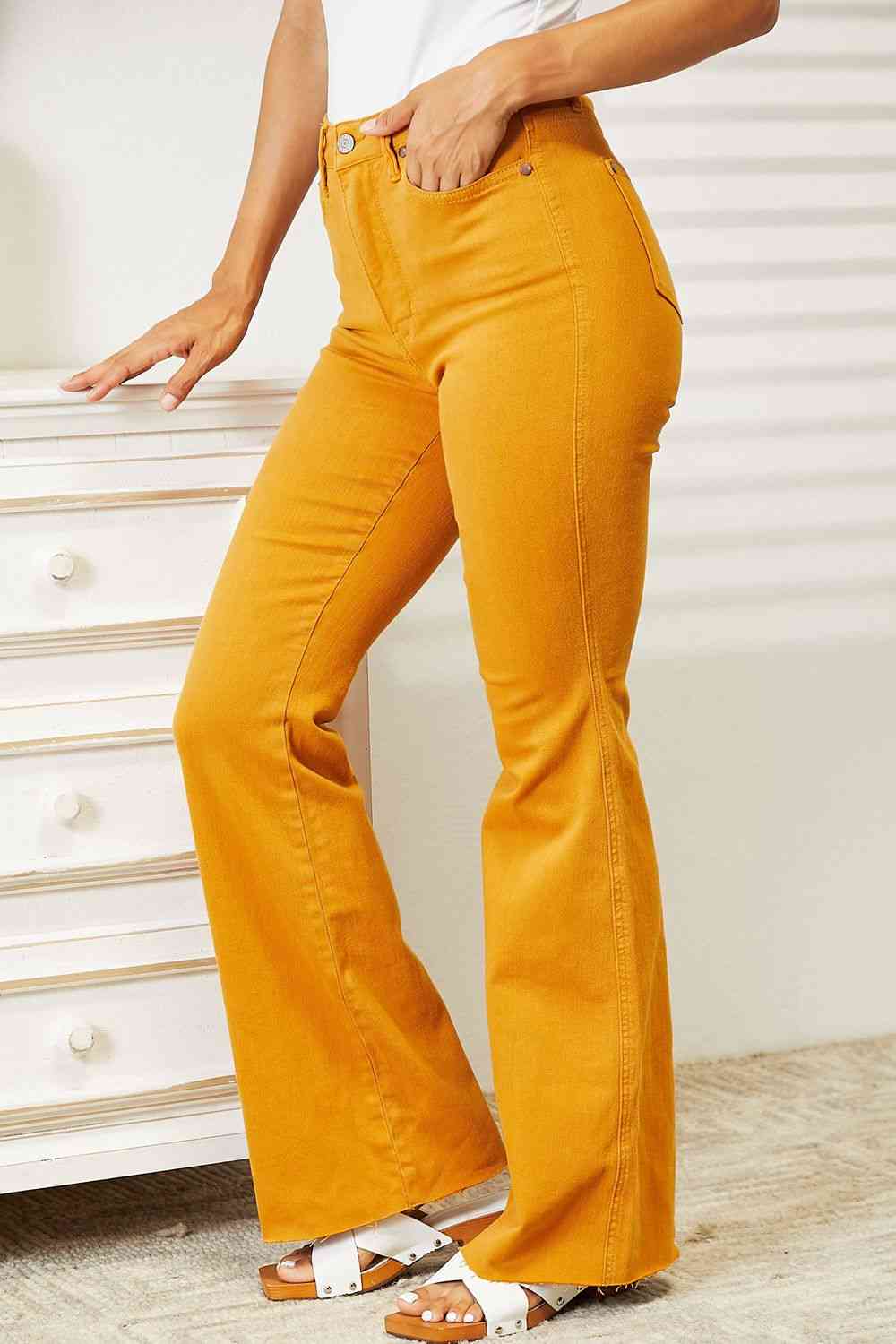 Judy Blue Full Size High Waist Tummy Control HOT MUSTARD Garment Dyed Flare Jeans