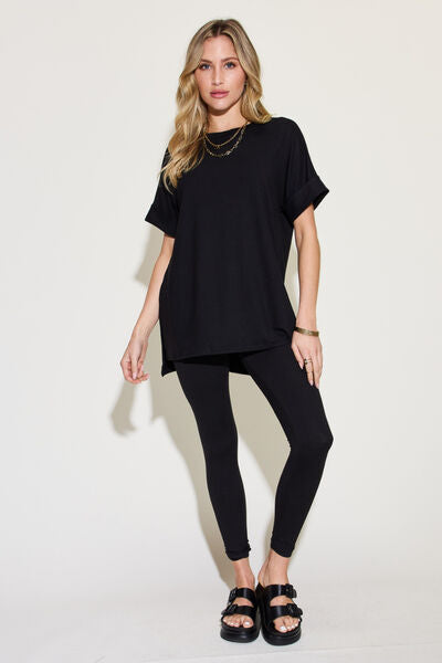 Zenana XP Plus Size Short Sleeve Slit T-Shirt and Leggings Lounge Set