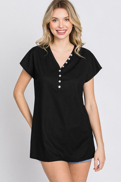 Heimish Full Size Button Accent V-Neck Tunic Top 🇺🇸