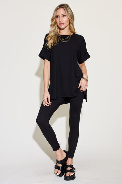 Zenana XP Plus Size Short Sleeve Slit T-Shirt and Leggings Lounge Set