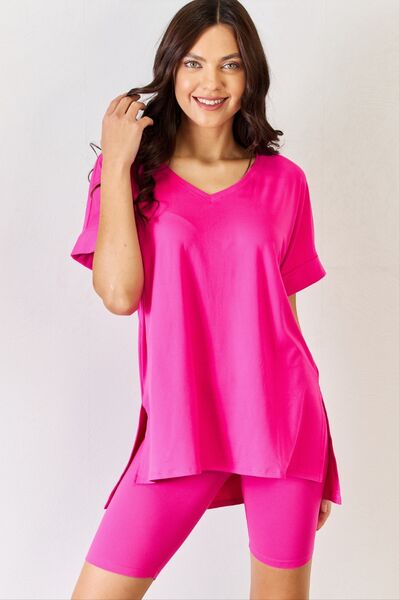 Zenana Full Size HOT PINK V-Neck Short Sleeve Slit T-Shirt and Shorts Set